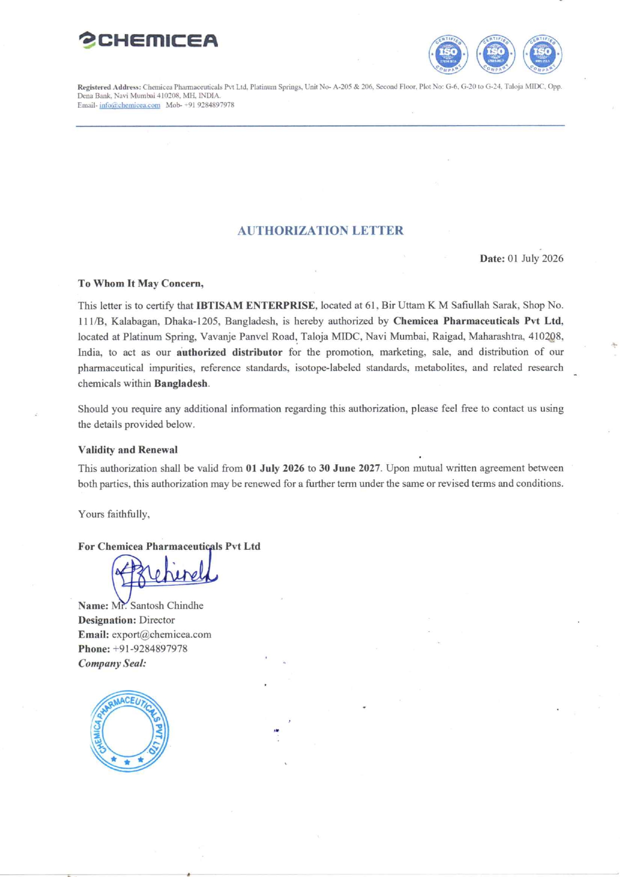Chemicea Pharmaceuticals Pvt. Ltd. Authorization Certificate